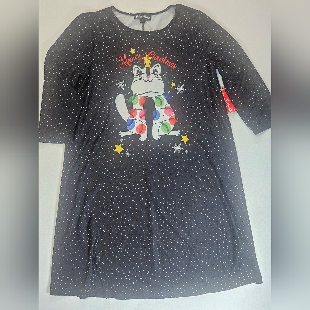 Christmas Nightgown Womens Small Black White Polka‎ Dot Cat Graphic Sleepwear